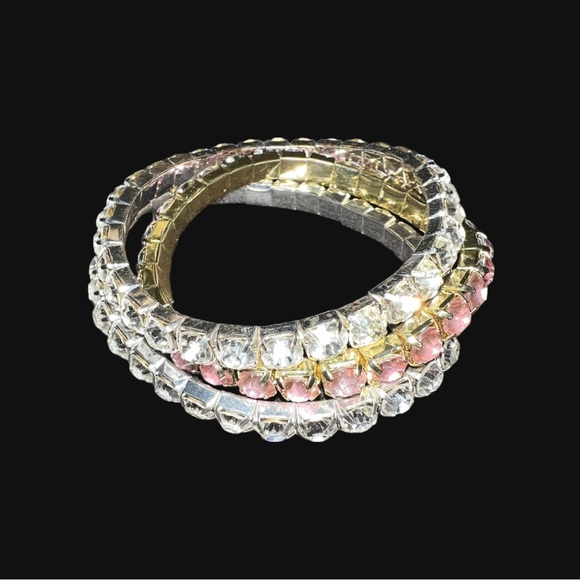 - TRIPLE STACK PINK AND WHITE RHINESTONE BRACELETS WITH STRETCH - Picture 3 of 11